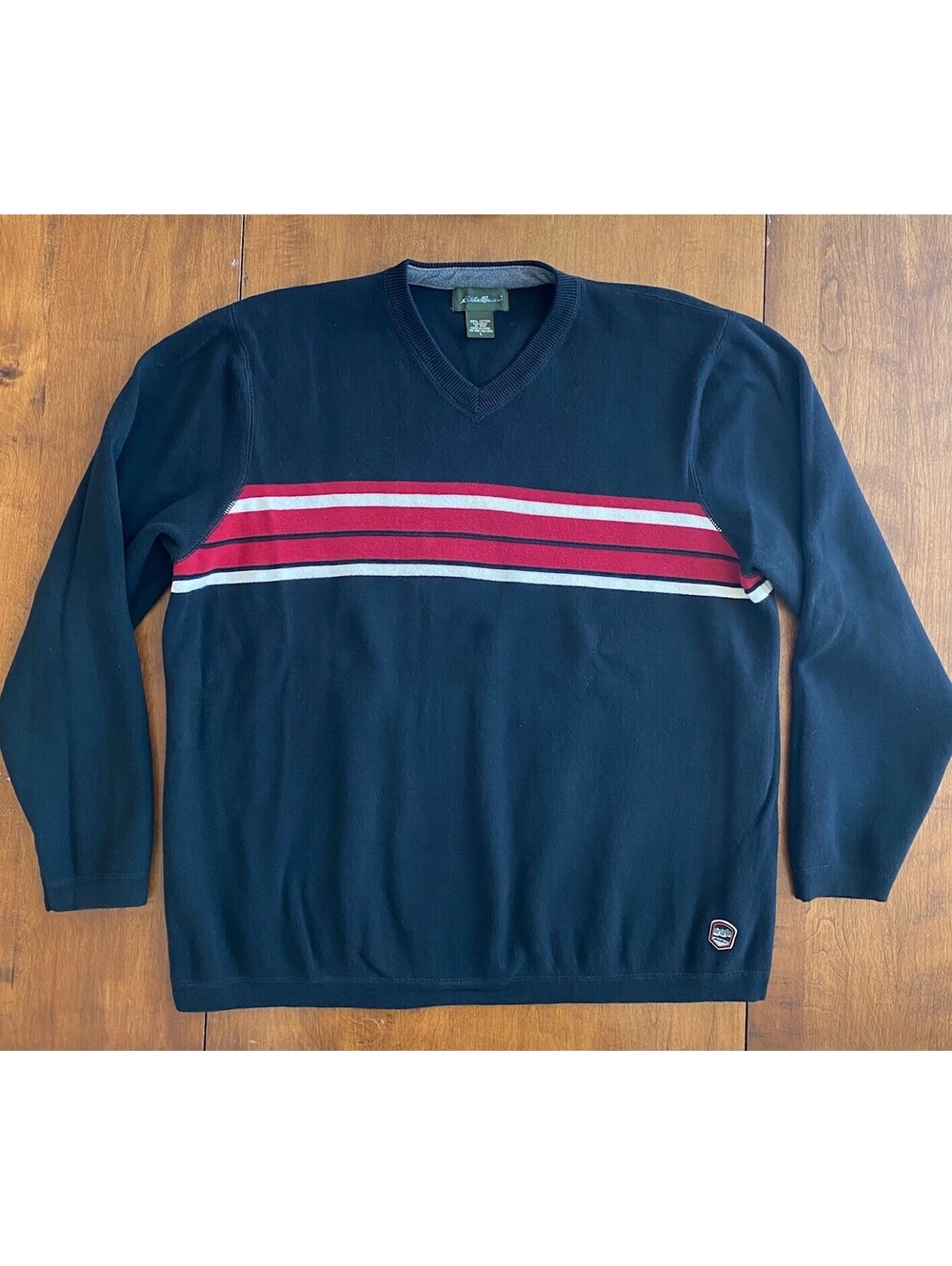 Mens VINTAGE EDDIE BAUER KNIT SKI SWEATER Pullover Fit V NECK Cotton BLACK Sz Lg